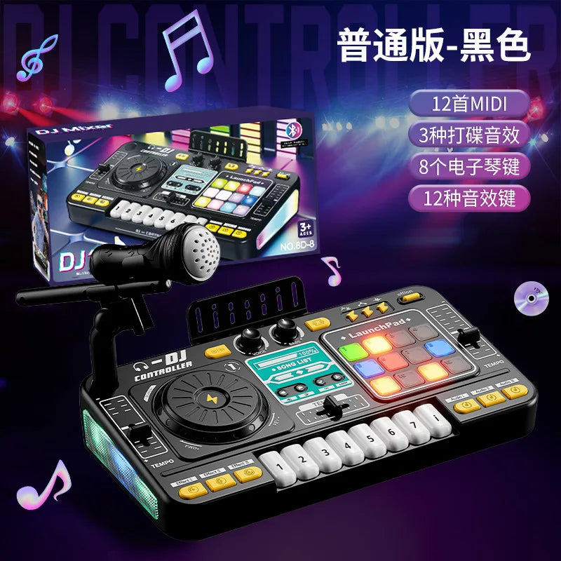 Black plastic foldable multifunctional creative dj controller with colorful illuminated buttons and built-in microphone for kids electronic bass keyboard