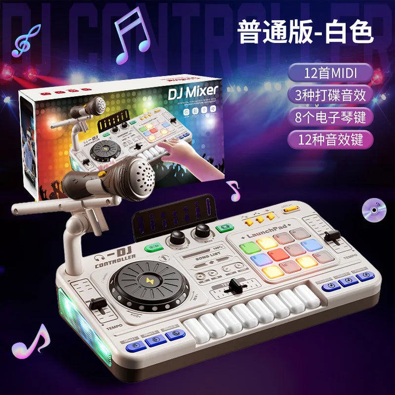 White plastic foldable multifunctional creative dj mixer toy with colorful illuminated buttons and mic for kids electronic bass keyboard musical instrument