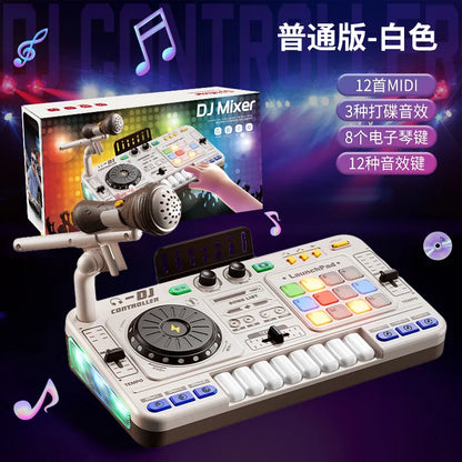 White plastic foldable multifunctional creative dj mixer toy with colorful illuminated buttons and mic for kids electronic bass keyboard musical instrument