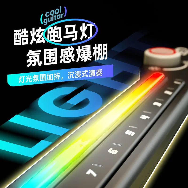 A sleek black foldable multifunctional creative kids electronic bass keyboard musical instrument with rainbow led strip