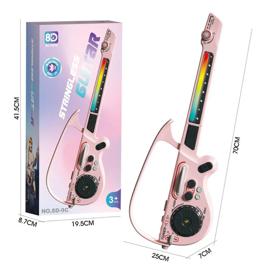Pink foldable multifunctional creative smart stringless dj guitar toy with rainbow led strip and black knobs for kids electronic bass