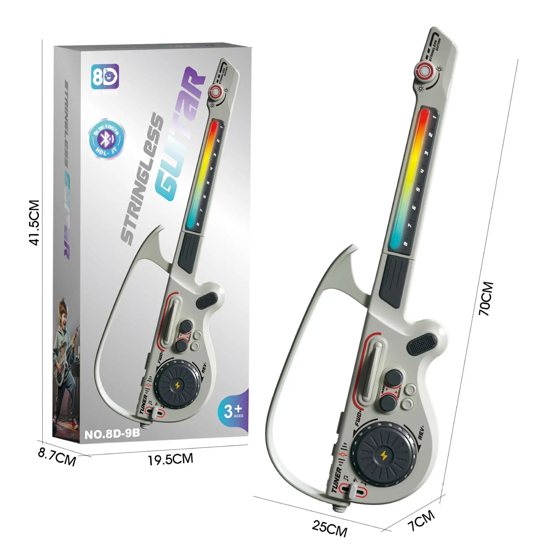Silver and black foldable multifunctional creative kids electronic bass guitar with colorful rainbow LED strip along the neck