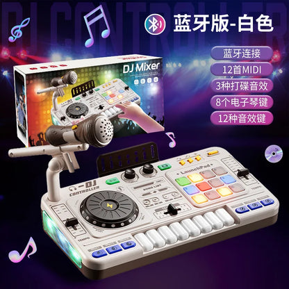 White bluetooth dj mixer controller with colorful illuminated buttons and built-in microphone stand for foldable multifunctional creative kids electronic bass keyboard musical instrument