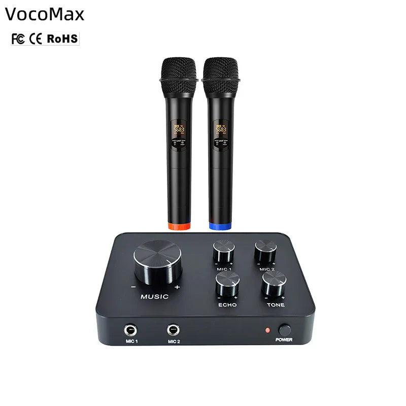 Black vocomax wireless microphone karaoke mixer system with two handheld mics for smart tv hd home theater wireless use