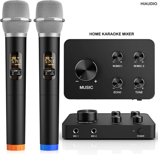 Black wireless microphone set with silver mesh grilles and colored base caps for smart tv hd karaoke mixer home theater wireless use