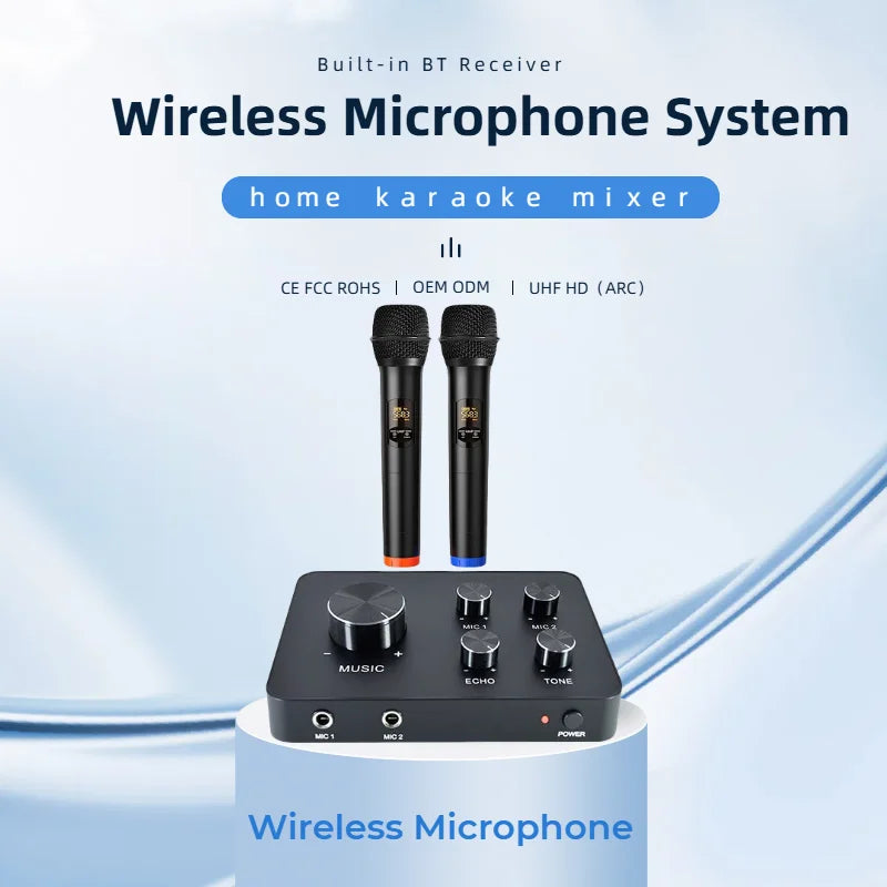 Black wireless microphone karaoke mixer system with two handheld mics and home theater wireless control knobs