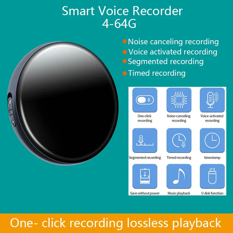 Black circular smart voice-activated recorder hd noise with noise reduction super and magnetic mp3 recorder for learning and conference