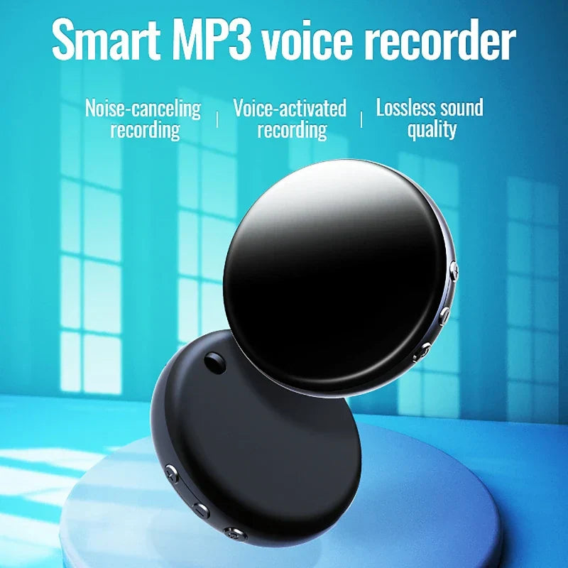 Black sleek circular smart voice-activated recorder hd noise with matte finish silver accents magnetic mp3 recorder