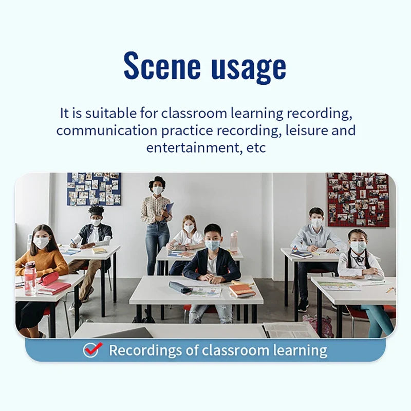 A classroom scene with students and teacher wearing masks featuring a smart voice activated recorder hd noise reduction super magnetic mp3 recorder for learning