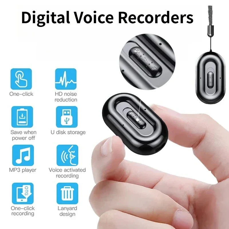Black oval-shaped smart voice digital recorder with magnetic hd noise reduction and central button for clear audio recording