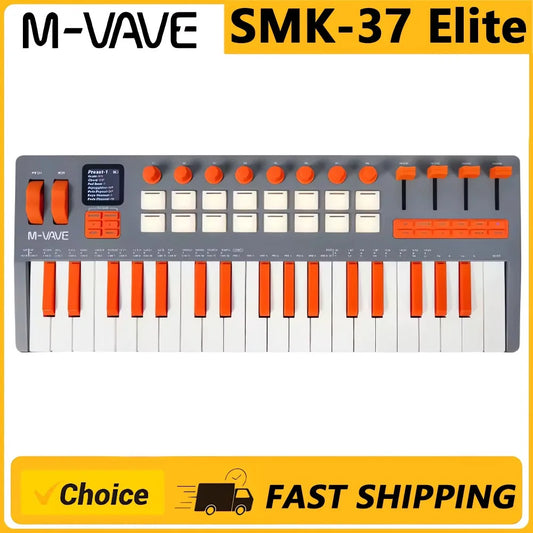 Smk-37 elite midi is a compact gray and orange elite midi keyboard with 25 weighted keys and synthesizer sounds live