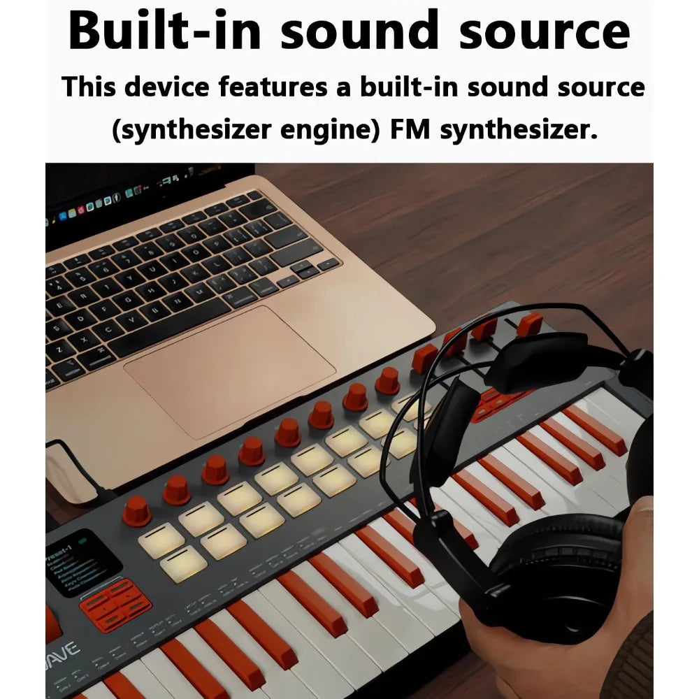Orange and white smk-37 elite midi keyboard with black knobs built-in fm synth engine for synthesizer sounds live performance portable