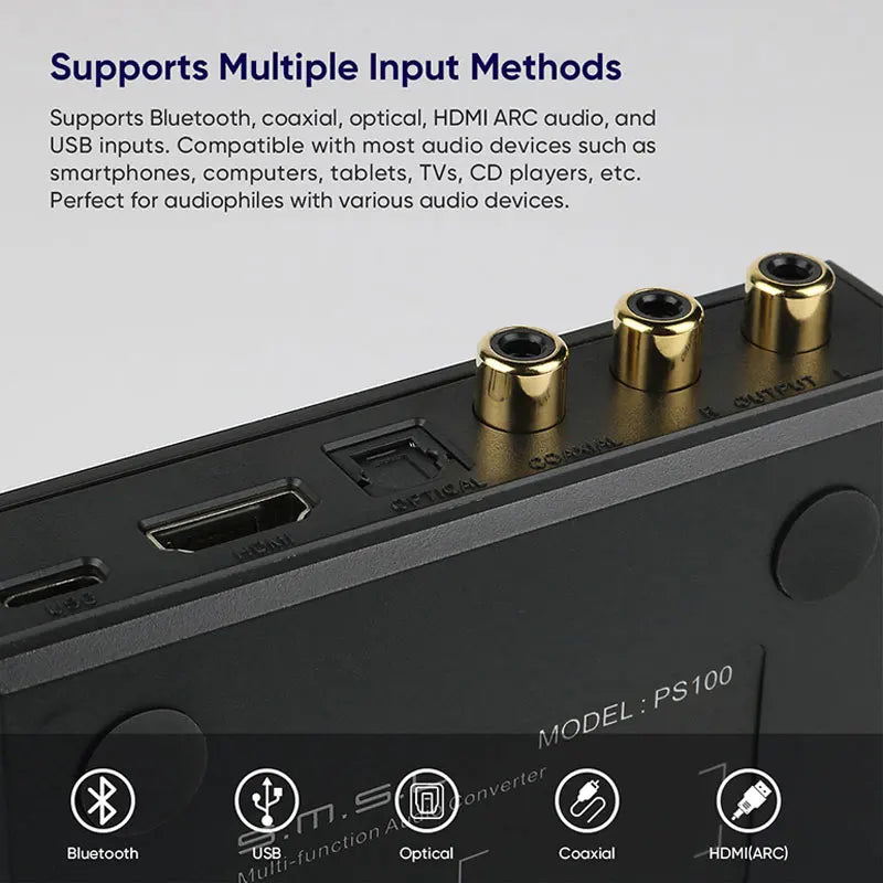 Black smsl ps100 multifunctional audio converter with gold input jacks and usb port featuring hdmi arc es9023 chip