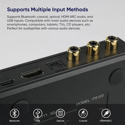 Black smsl ps100 multifunctional audio converter with gold input jacks and usb port featuring hdmi arc es9023 chip