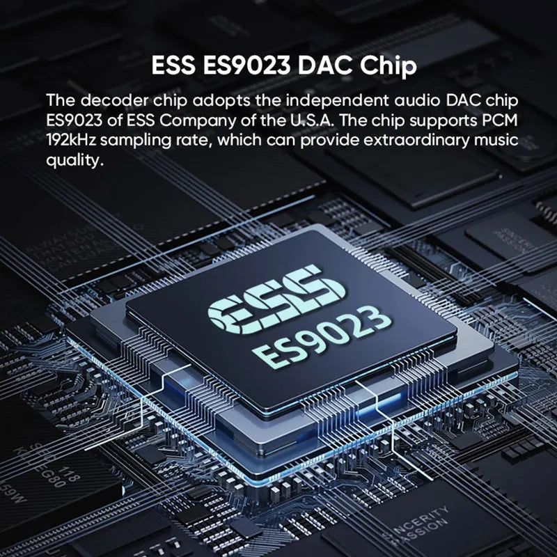 Black rectangular es9023 dac chip with silver logo mounted on circuit board of smsl ps100 multifunctional audio converter