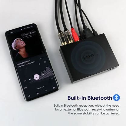 Black rectangular smsl ps100 multifunctional audio converter with hdmi arc es9023 dac and multiple cables visible