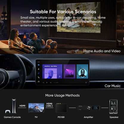 Black smsl ps100 multifunctional audio converter with touchscreen displaying music and video interfaces for car use