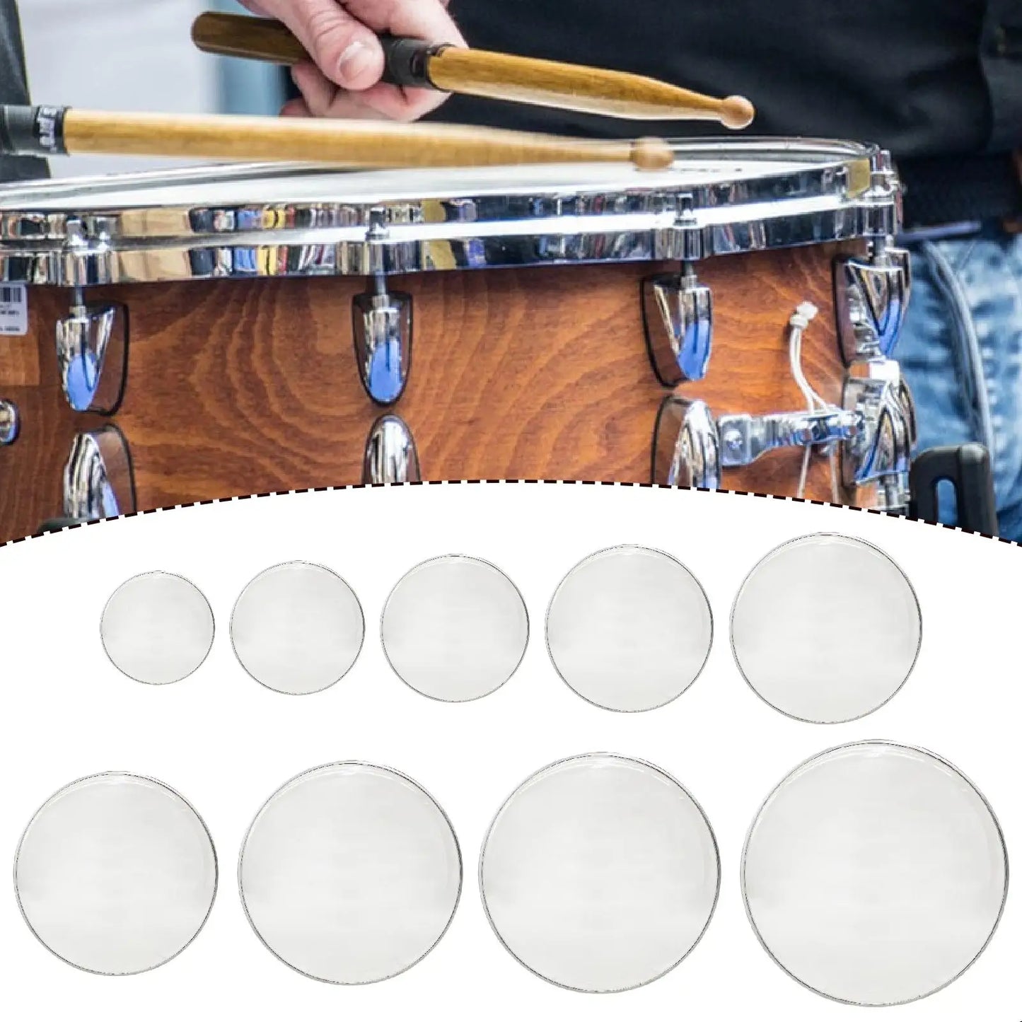 Set of clear transparent replacement snare drum heads with metallic rims for sound control and musical instrument use