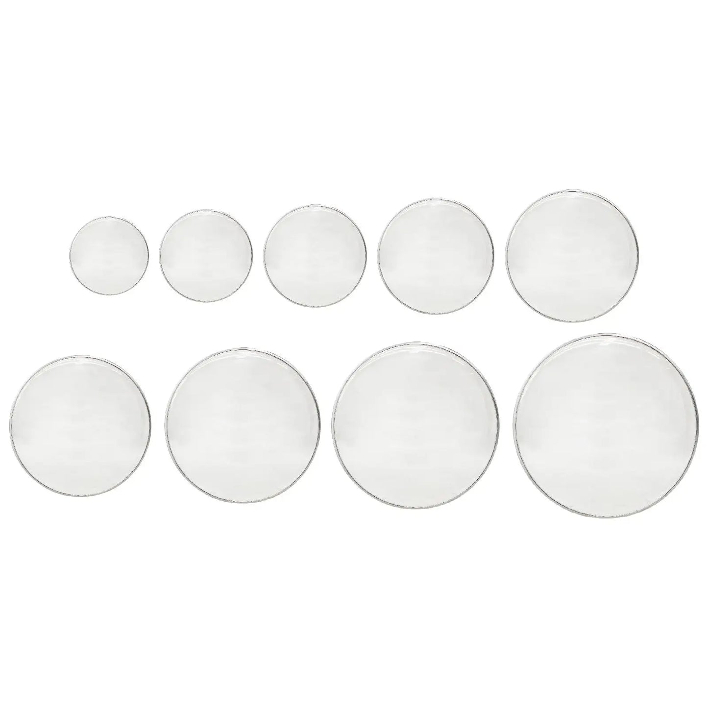 Set of clear circular glass watch faces with silver-toned rims for transparent replacement snare drum head sound control