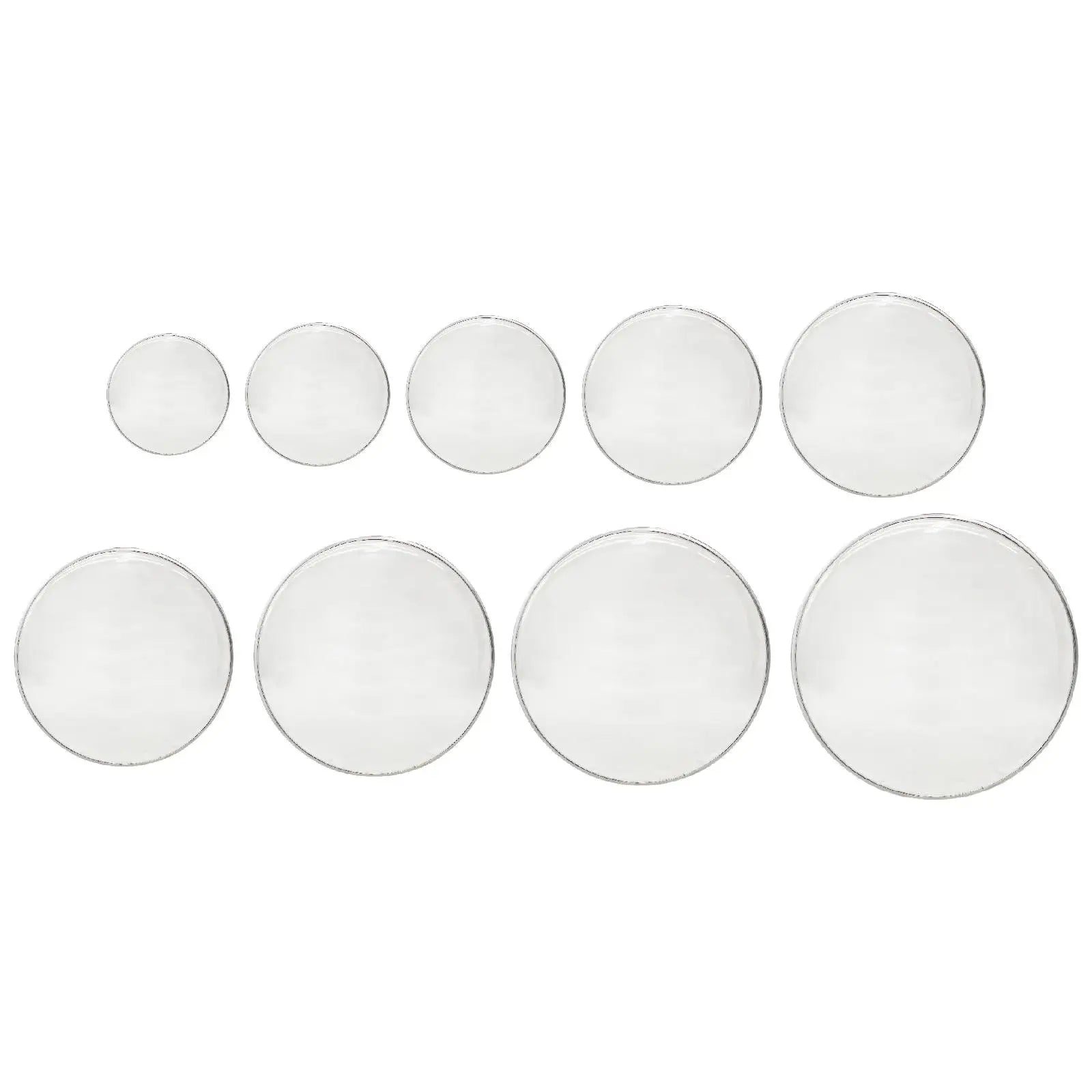 Set of clear circular glass watch faces with silver-toned rims for transparent replacement snare drum head sound control