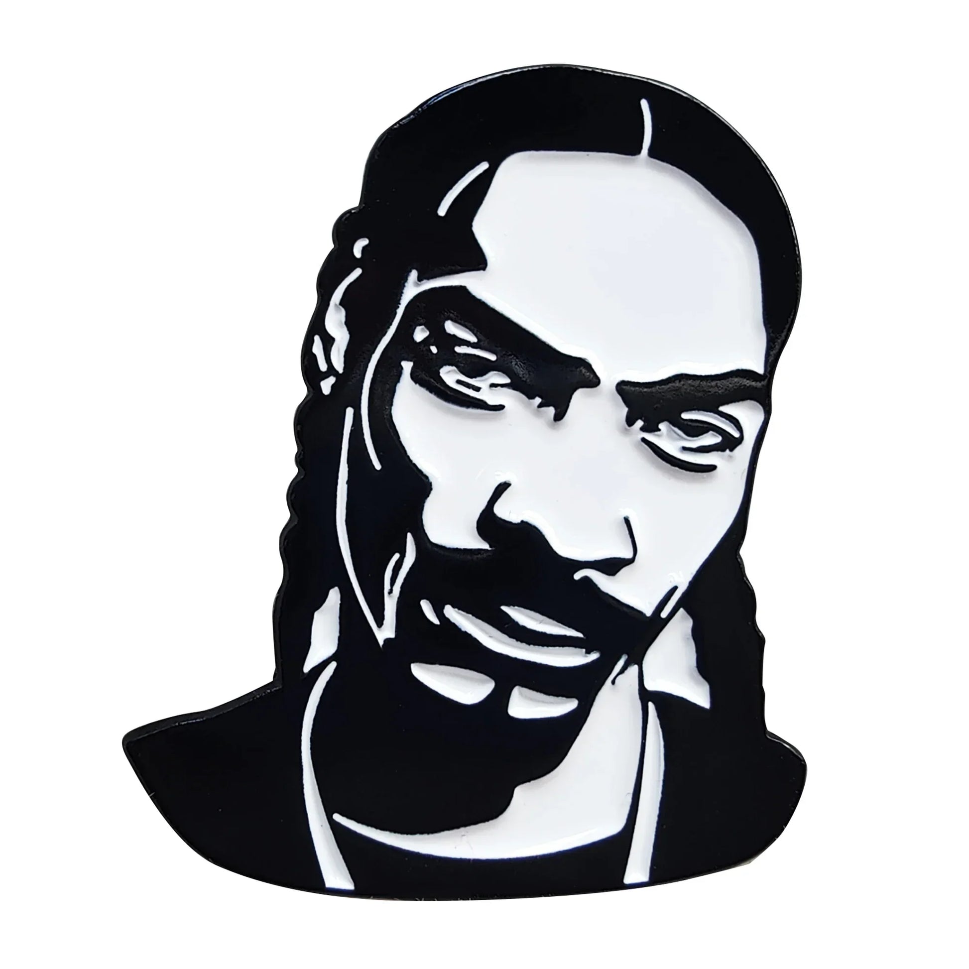 Black and white enamel pin featuring a stylized portrait of snoop dogg hip hop godfather rapper enamel pin badge jewelry gift