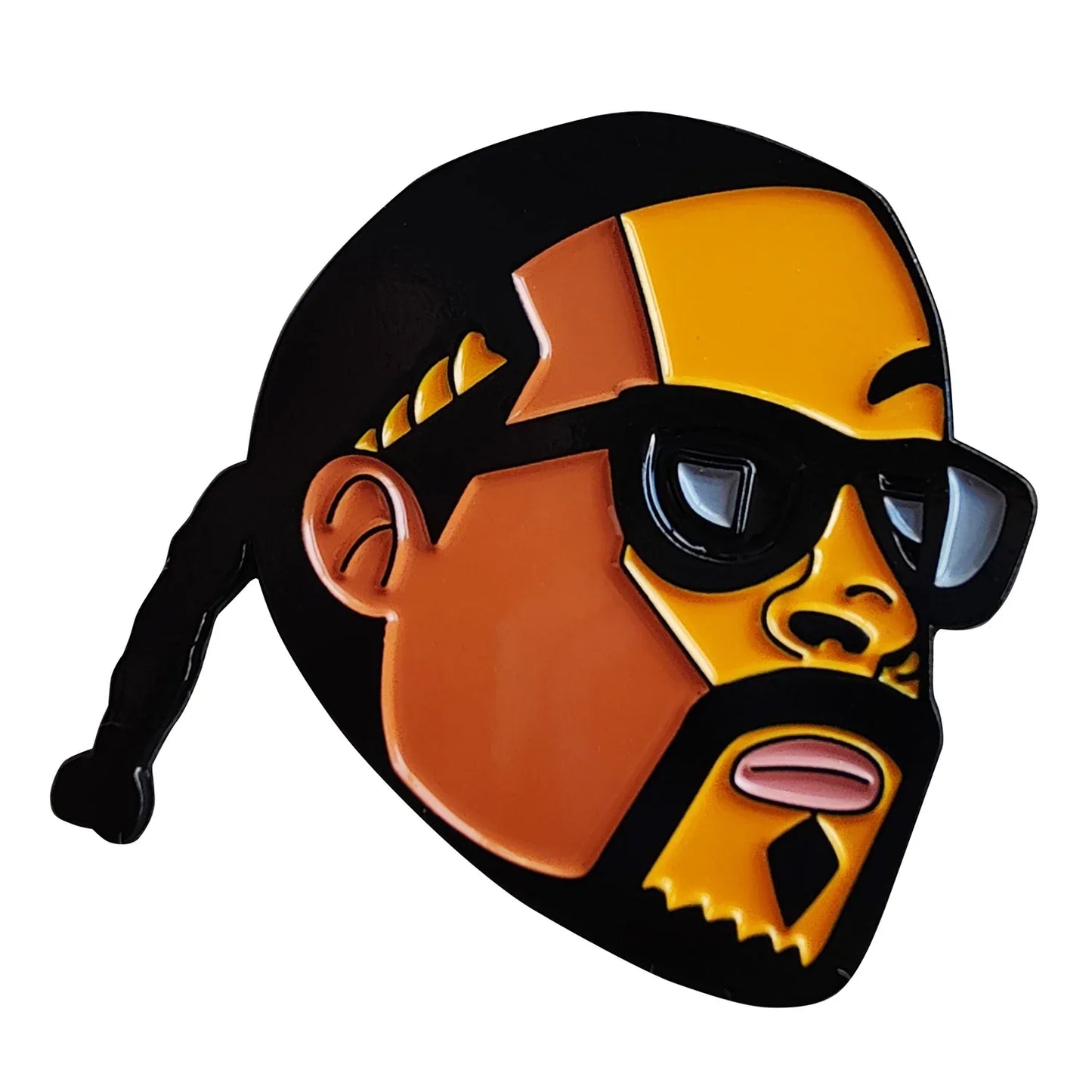 A glossy rapper enamel pin featuring snoop dogg with black sunglasses and orange tones as a hip hop godfather badge jewelry gift