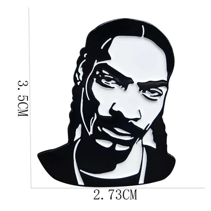 Black and white enamel rapper enamel pin featuring stylized portrait of snoop dogg hip hop godfather badge jewelry gift
