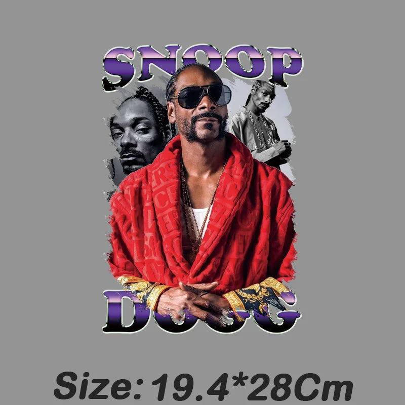 Red patterned robe style garment with gold trimmed cuffs featuring snoop dogg hip hop godfather graphic for ironing pad use