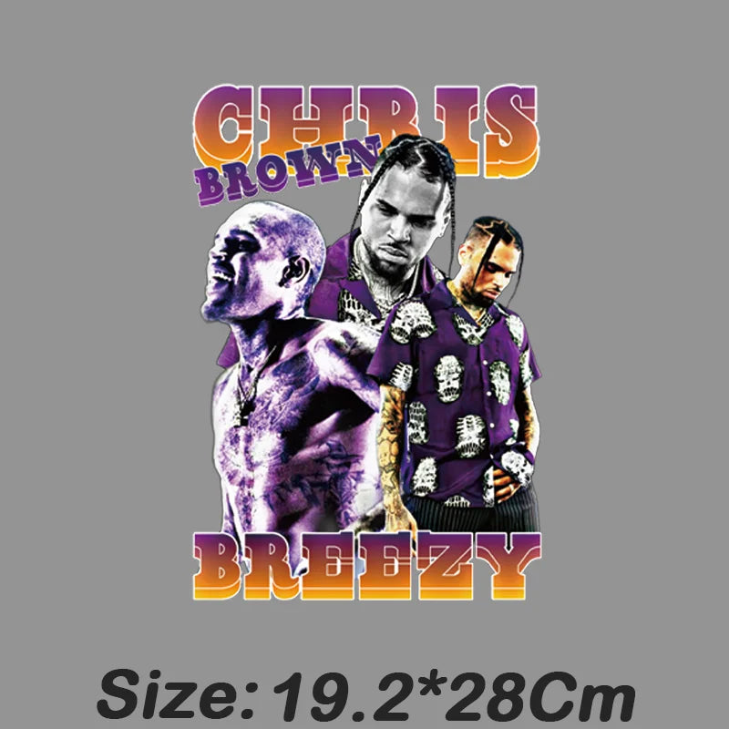 Purple graphic tee with chris brown stylized image and breezy text iron-on stickers for clothes hip hop godfather use