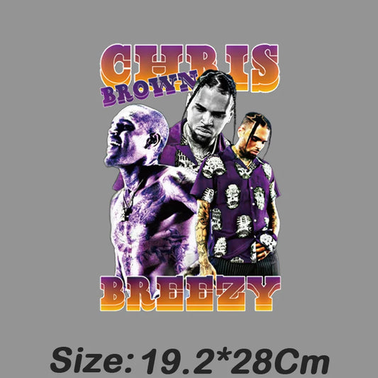 Purple graphic tee with chris brown stylized image and breezy text iron-on stickers for clothes hip hop godfather use