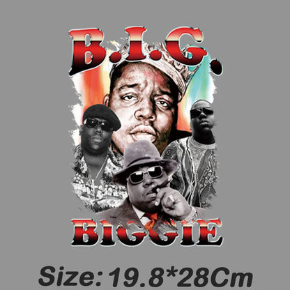 Gray t-shirt with vibrant biggie smalls graphic and bold lettering, ideal hip hop godfather iron-on sticker for clothes