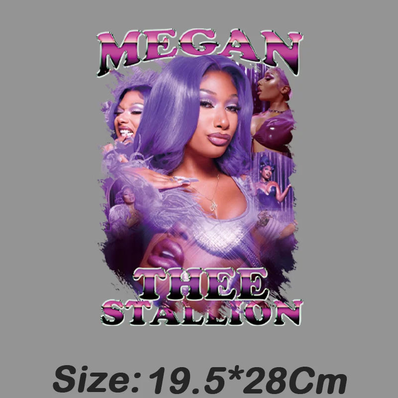 Purple-haired megan thee stallion graphic tee with layered portrait and bold pink lettering for snoop dogg hip hop godfather iron-on stickers