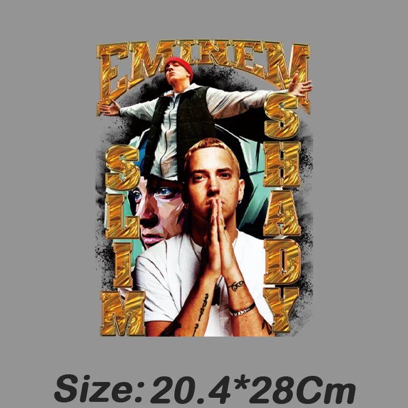 Gold foil-stamped eminem shady records t-shirt with layered white black teal portraits for hip hop godfather fans