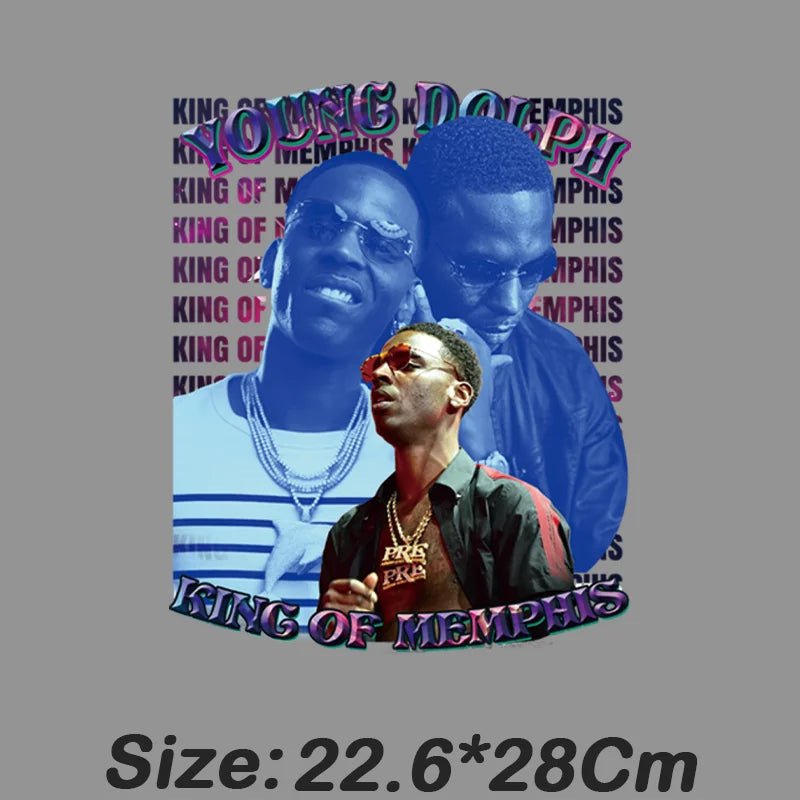 A vibrant iron-on sticker of young dolph with king of memphis text in purple and pink on white fabric for hip hop godfather apparel