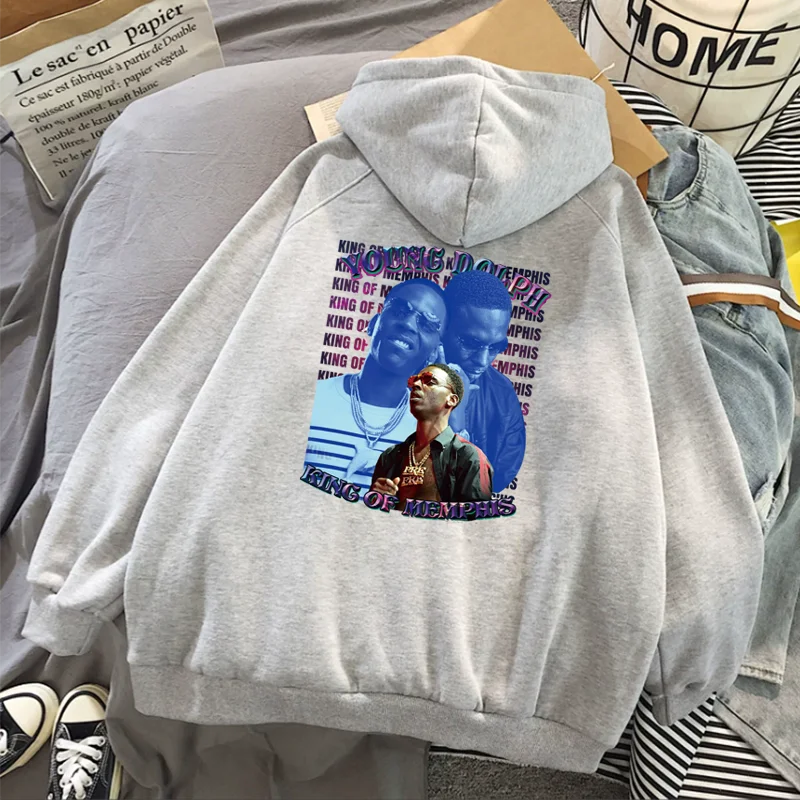 Gray hoodie with vibrant graphic print of three men king of memphis young thug text designed for hip hop godfather fans