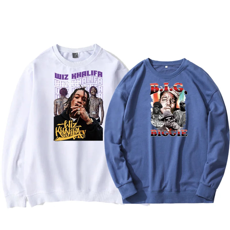 White and blue graphic sweatshirts featuring snoop dogg hip hop godfather portraits with bold stylized text for hoodies
