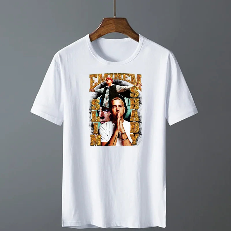 White cotton t-shirt with rapper eminem graphic print and gold black text for snoop dogg hip hop godfather iron-on stickers