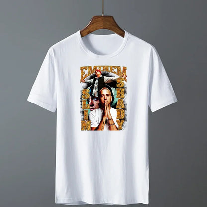 White cotton t-shirt with Eminem graphic and gold black text featuring hip hop godfather snoop dogg hip design for ironing pad use