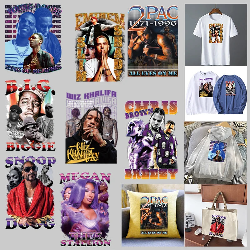 Yellow pillow with 2pac graphic and text iron-on sticker for hip hop godfather snoop dogg hip clothing and ironing pad use