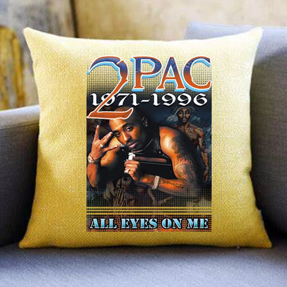 Yellow throw pillow featuring a tupac graphic with 2pac 1971-1996 and all eyes on me text ideal for hip hop godfather fans