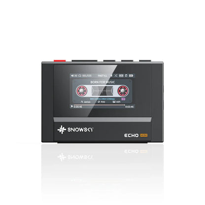 Black snowsky fiio echo mini hifi music player with touchscreen showing cassette and 15hours playback time