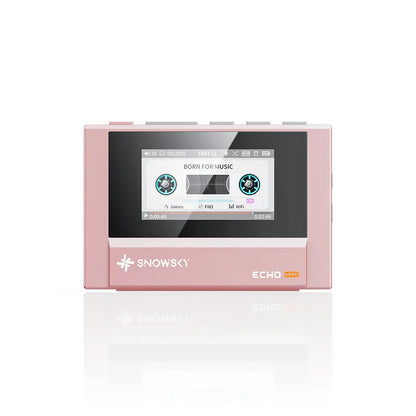 Pink snowsky fiio echo mini hifi music player with cassette tape display screen and 15hours playback time