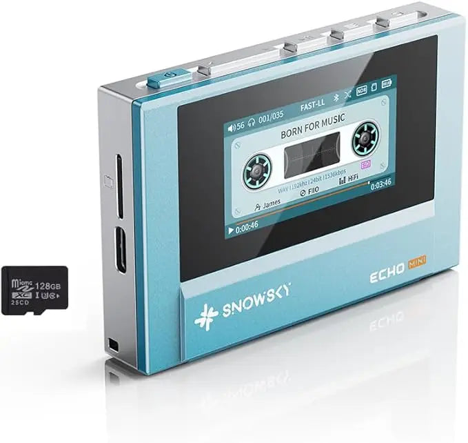 Light blue and silver snowsky fiio echo mini hifi music player with cassette tape display and 15hours playback