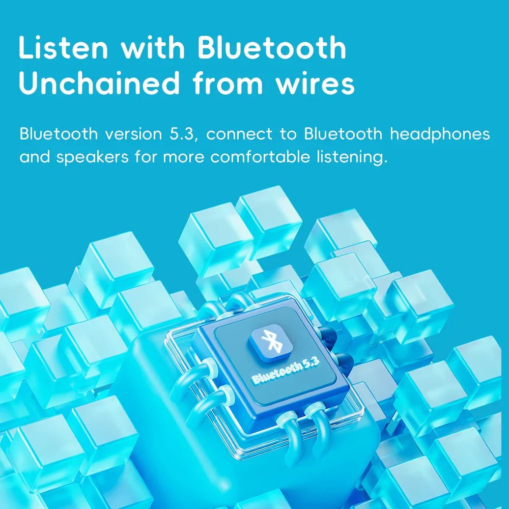 Blue Bluetooth 5.3 chip with metallic connectors in an abstract design for SnowSky FiiO Echo Mini HiFi music player 15Hours