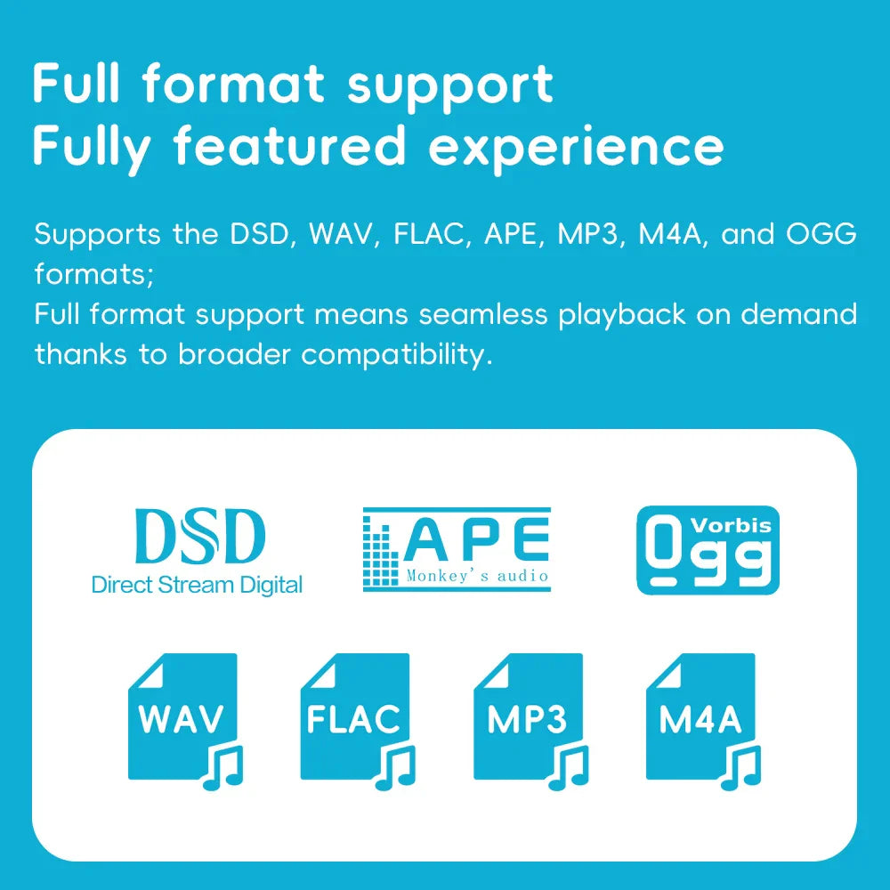 Blue graphic showing audio format support icons for dsd ape vorbis ogg wav flac mp3 and m4a for snowsky fiio echo mini hifi music player 15hours