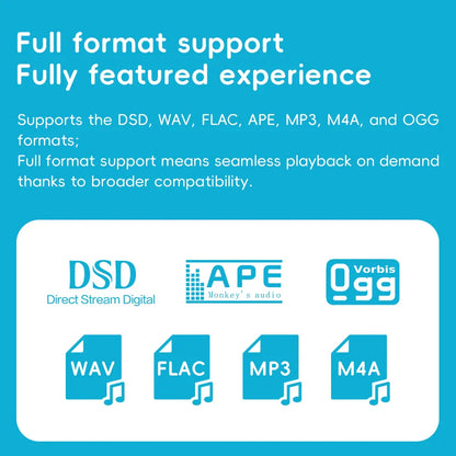 Blue graphic showing audio format support icons for dsd ape vorbis ogg wav flac mp3 and m4a for snowsky fiio echo mini hifi music player 15hours