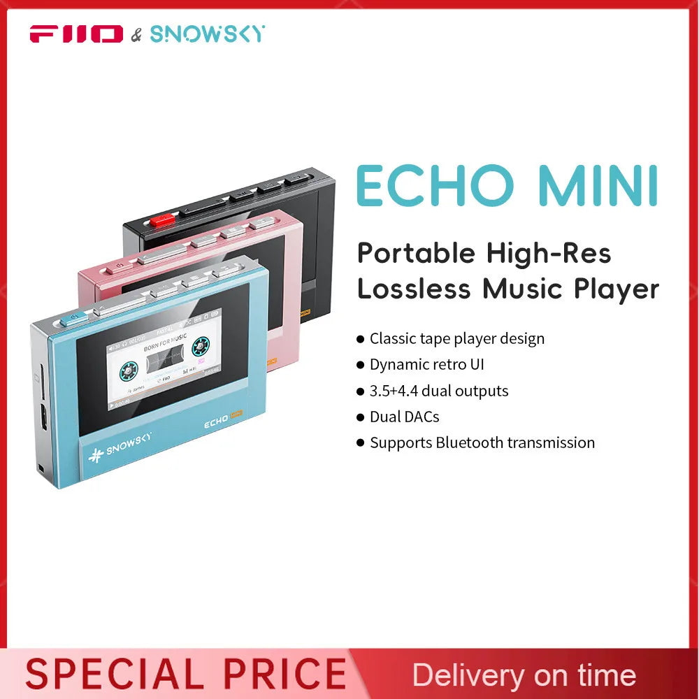 The SnowSky FiiO Echo mini hifi Bluetooth music player features a retro tape design in blue, pink, and black with 15hours playback
