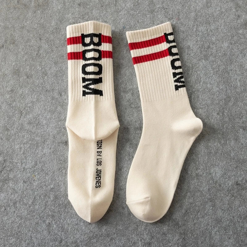 Cream-colored ribbed socks nice brand with bold black male letter boom and red stripes for female tide european style