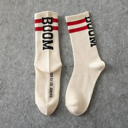 Cream-colored ribbed socks nice brand with bold black male letter boom and red stripes for female tide european style