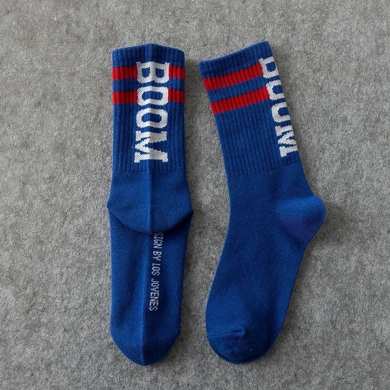 Blue crew socks by socks nice brand with male letter boom in white and red white stripes for female tide european style